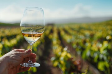 A close-up view of a white wine glass, delicately held against a vibrant vineyard backdrop during a...
