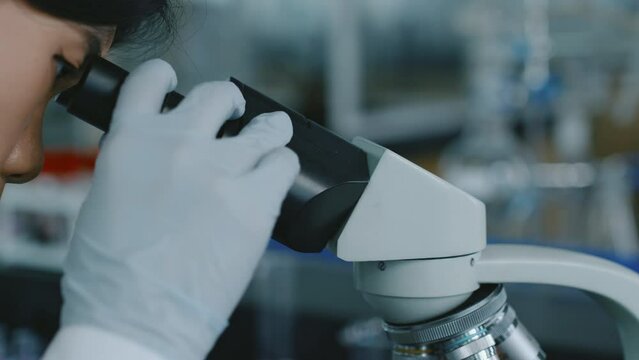 Close-up side footage of gloved hands and face of Chinese female researcher peering into microscope at specimen on glass slide, while performing experiment in biochemistry