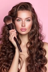 Elegant woman with long curly hair holding makeup brush on soft pastel background