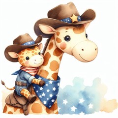Fototapeta premium Giraffes Father and Son. Patriotic with American Flag. Watercolor 4th July Memorial Day Clip Art. Celebration USA (United State) Art Cute Kid Cartoon For Independence Day or Father Day
