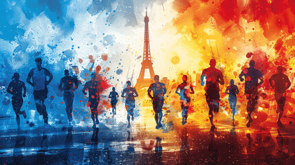 color illustration of the Olympic Games, athletes running to the finish line, Generative AI.	