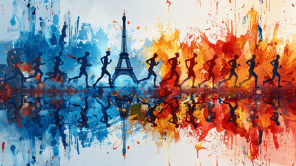 color illustration of the Olympic Games, athletes running to the finish line, Generative AI.	