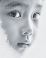 Obraz premium Artistic black and white photo of a child, close-up portrait featuring curious eyes, high-key lighting technique. Expressive gaze captured in a minimalist style, emphasizing innocence and wonder.