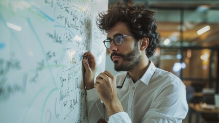 Mathematician in an office, thoughtful, solving complex equations on a whiteboard, curiosity-driven, styled as a clean, contemporary portrait. - obrazy, fototapety, plakaty