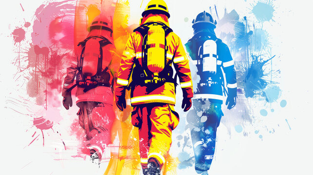 A group of firefighters are walking down a city street. Scene is one of bravery and heroism. Logo with white background, emergency services fire brigade rescue service are working on a fire scene