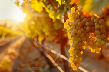 Captivating view of ripe grapes hanging in a vineyard during the golden hour, emphasizing the vibrant colors and serene ambiance of the vineyard landscape. - obrazy, fototapety, plakaty