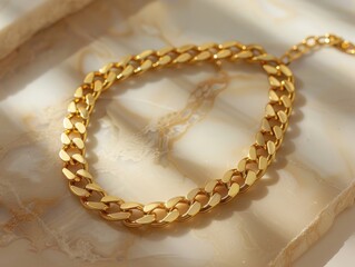 A luxurious golden cuban chain link necklace rests upon a background capturing the essence of wealth, style and elegance. Great as product design inspiration