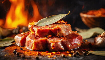 Close-up of raw marinated pork. Spicy marinade. Fresh meat pieces for BBQ. Culinary concept.