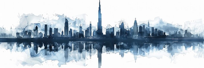 A classy digital painting of a city with tall buildings reflected in calm waterways, using cool blue and grey tones.
