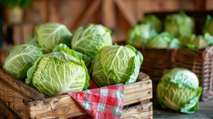 Close up photo of fresh green cabbage in a wooden box, a red checkered cloth on the table, a kitchen wicker basket with cabbages in the background