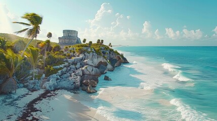 a panoramic view of Sea Beach displays its white sand beaches and historic ruins overlooking the clear ocean waters on clear sunny day - obrazy, fototapety, plakaty