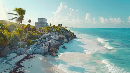 Foto op Canvas a panoramic view of Sea Beach displays its white sand beaches and historic ruins overlooking the clear ocean waters on clear sunny day © Image