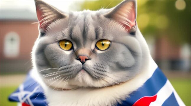Portrait of a fluffy gray cat wearing a cape with the flag of England.