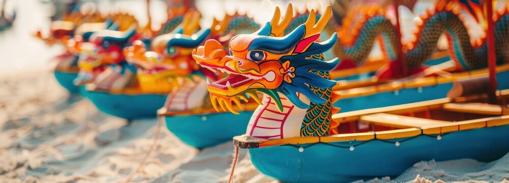 A row of dragon boats with painted cartoon dragons on the beach