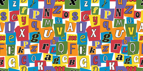 Vector seamless pattern of newspaper cut random letters. Magazine color torn paper collage alphabet background. Clipping font wallpaper, print, textile, fabric, wrapping.