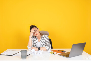 Stressed businesswoman, portrait of young caucasian brunette stressed businesswoman sit office desk...
