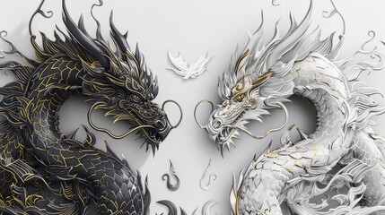 Two dragons, one black and one white, are shown in a close up. The black dragon has a gold chain around its neck and the white dragon has a gold chain around its neck as well © Cloudyew