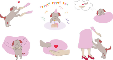 Little dog clipart in cartoon style style. Cute brown puppies set