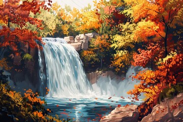 Fototapeta na wymiar Cascading waterfall framed by vibrant autumn foliage