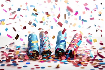 Fototapeta premium Celebration crackers with confetti explosion on a transparent white backdrop, adding excitement to your designs
