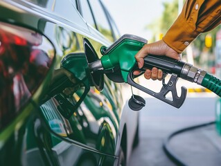 Close-up of hand holding a fuel pump nozzle while refueling a car, with the focus on the pump and fueling process. - obrazy, fototapety, plakaty