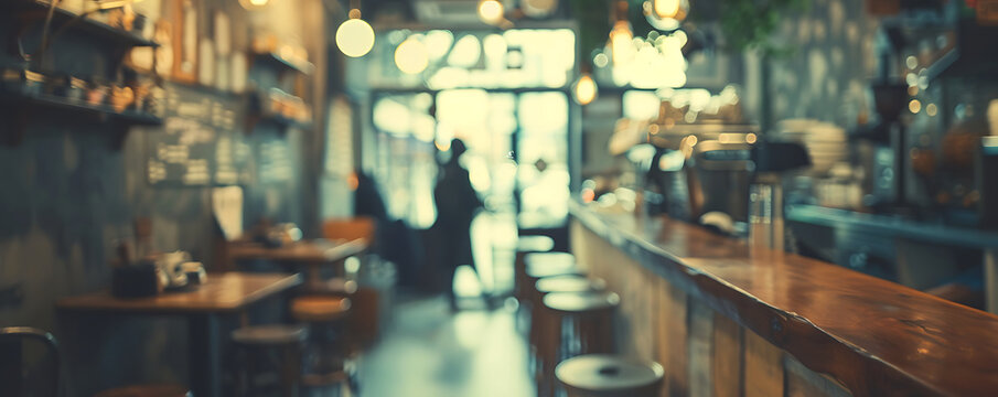 Blurred defocused image of coffee shop.  Abstract blur background with people in cafe.