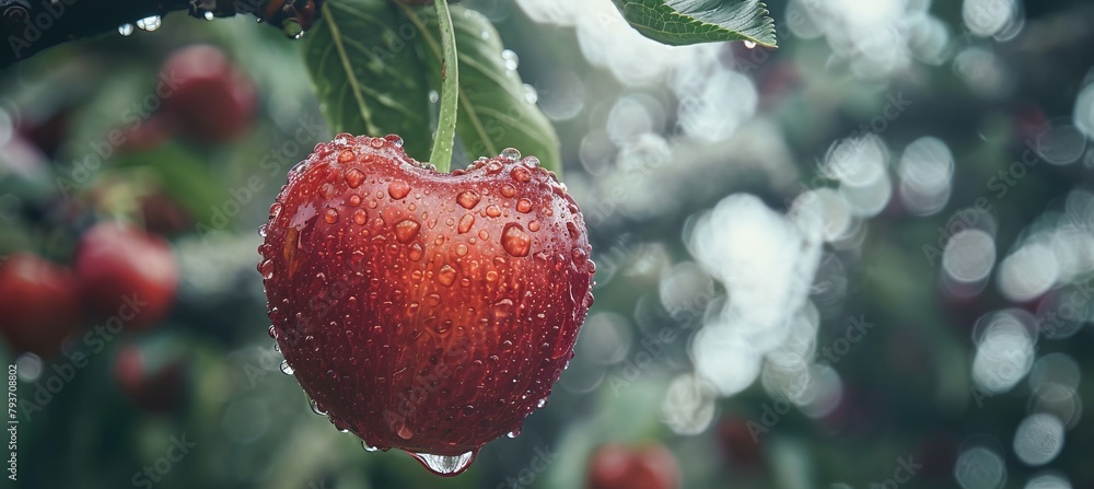 Poster macro image of juicy cherry with water droplets on tree branch as banner with space for text