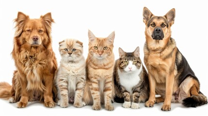 Variety of cats and dogs in studio portrait on white background with room for text