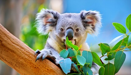 Koala Bear Sit On The Branch of the tree and eat leaves , generated by AI