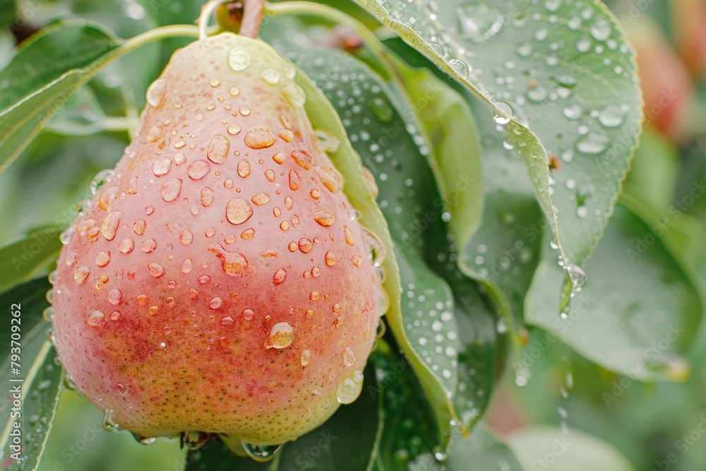 Poster macro shot of fresh pear with dew on tree, wide banner with copy space for text placement