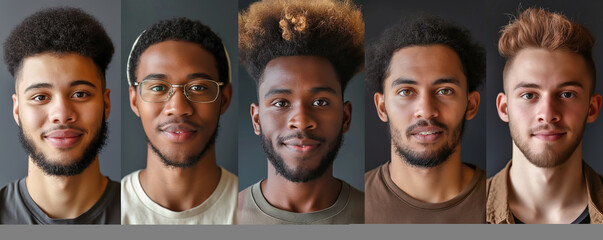 Collage of portraits and faces of multiracial millennial group of various smiling young men