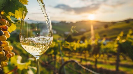 A glass of white wine is poured into a wine glass
