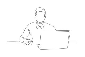 Fototapeta na wymiar Business man in front of laptop. Business person with laptop concept one-line drawing