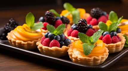 A selection of colorful fruit tarts arranged on a rustic wooden table