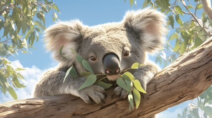 Fototapeta premium Koala bear sitting on a branch eating leaves, zoo, conservation base, 4K wallpaper, sunset, forest, environmental protection, animal care theme.Caring Koala: Embracing Nature's Harmony