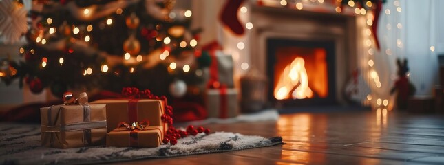 Christmas tree with wrapped gifts on the floor, a fireplace in the background with blurred background. Merry Christmas - obrazy, fototapety, plakaty