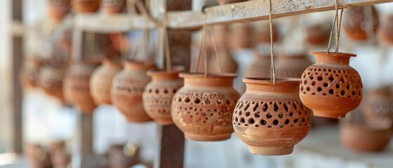 clay pots with cut out patterns hanging from metal bars, light background, clay and terracotta - obrazy, fototapety, plakaty