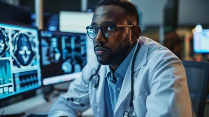 Medical researcher in a clinical trial facility, dedicated, monitoring patient data, serious, styled as a modern clinical portrait.