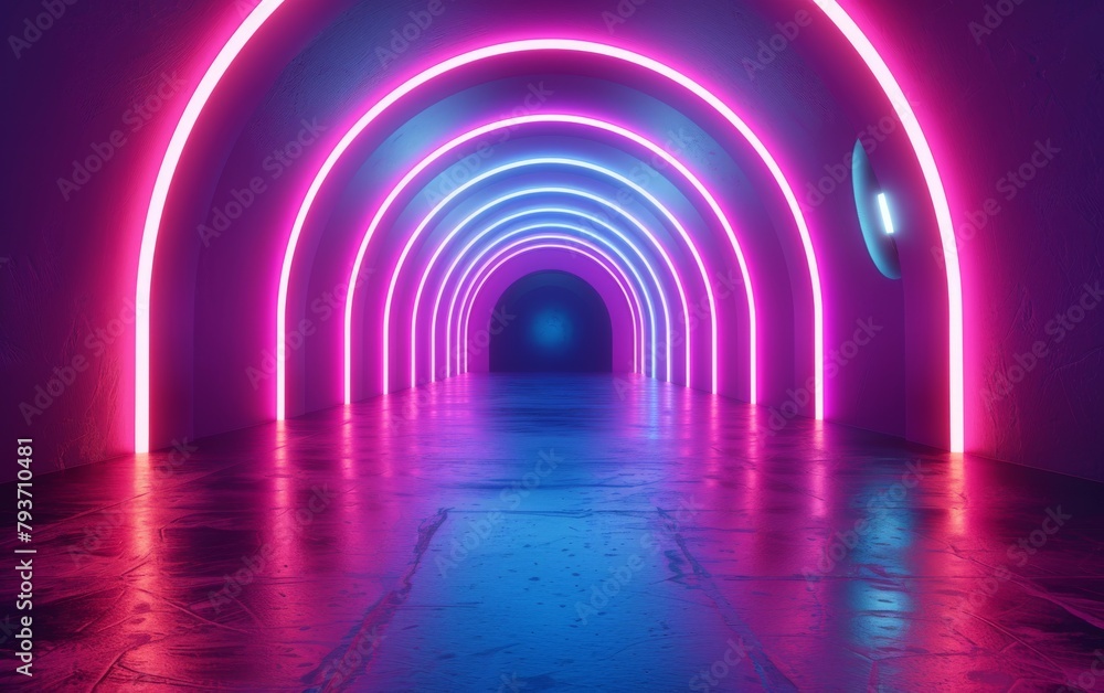 Poster a digital render of a tunnel illuminated by neon lights, creating a futuristic and vibrant atmospher