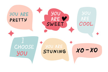 Set of speech bubbles with compliment phrases, self love quotes. Vector illustration can use for banner, poster.