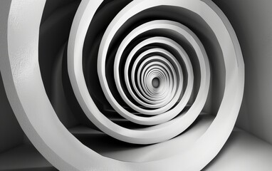 A black and white abstract tunnel spiraling inward, creating a mesmerizing pattern of lines and curves