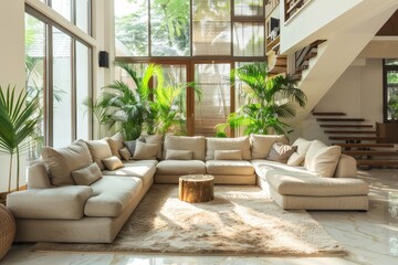 Fototapeta premium Modern farmhouse living room design with wooden staircase and natural wood accents in light tones