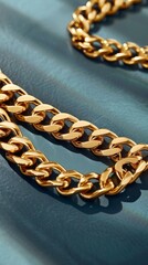 A luxurious 18k golden with stainless steel 316L cuban chain link necklace rests upon a background capturing the essence of wealth, style and elegance. Great as product design inspiration