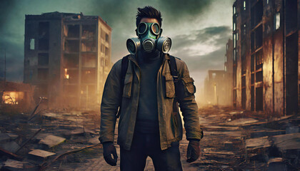 環境破壊の危機、ガスマスクをつけた男性、戦火の廃墟、環境汚染 - obrazy, fototapety, plakaty