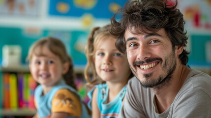 Fototapeta premium Photo of Smiling Father with Two Young Daughters in a Casual Setting, Joyful Family Moment, Relaxed and Happy Facial Expressions, Genuine Bonding Time, Comfortable and Warm Environment.