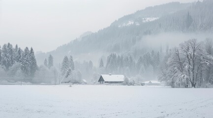 scene of a field covered in snow, a house and a forest with hazy mountains in the distance