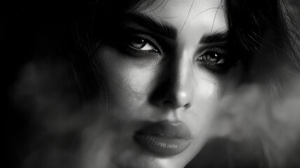 A dramatic black-and-white portrait of a model with a smoky eye and sculpted cheekbones, exuding an aura of mystery and allure as she locks eyes with the camera.