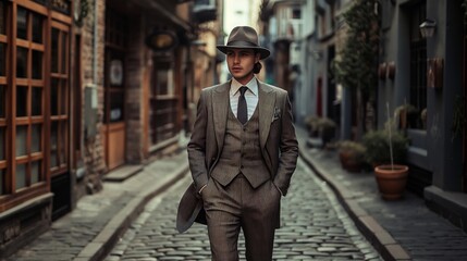 A dapper young man striding confidently down a cobblestone alley, his tailored suit and classic fedora hat exuding an air of old-world sophistication and debonair charm.