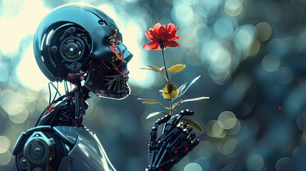 The cyborg robot holds a flower in his hand as a symbol of life	
