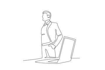 Businessman is standing near the laptop. Business person with laptop concept one-line drawing